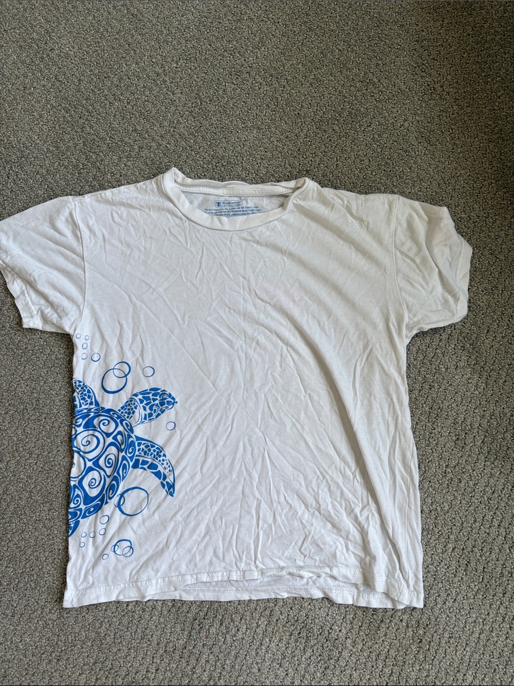 White Short-Sleeve Tee with Blue Turtle Graphic